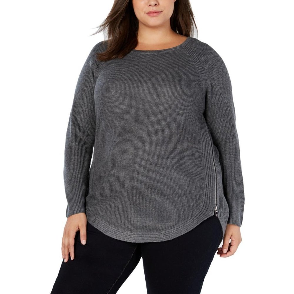 INC PLUS SIZE ZIPPER TRIM WAFFLE KNIT SWEATER